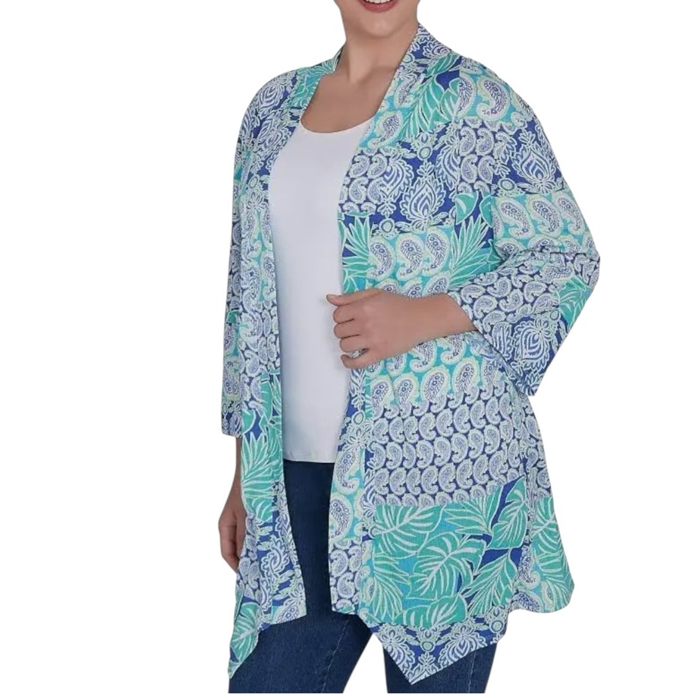 Ruby Rd. Open-Front Printed Cardigan in Teal & Blue - Picture 4 of 7